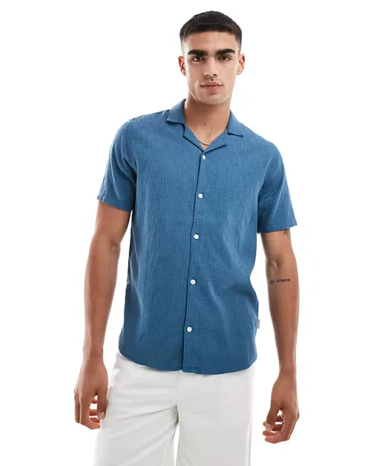Short-Sleeve Textured Cotton Shirt Dark Teal