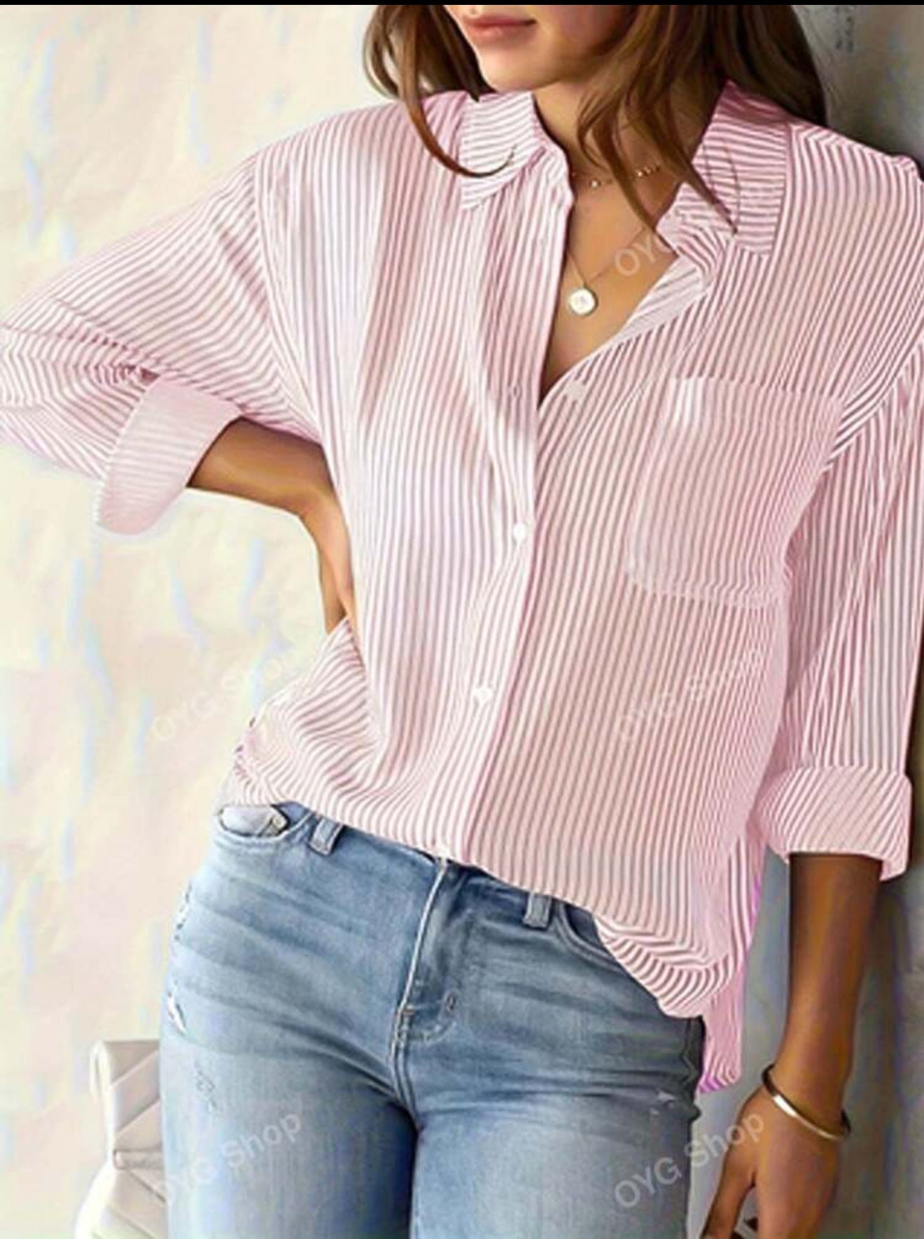 SHEIN Printed Stripe Knitted Cardigan Blouse Pink