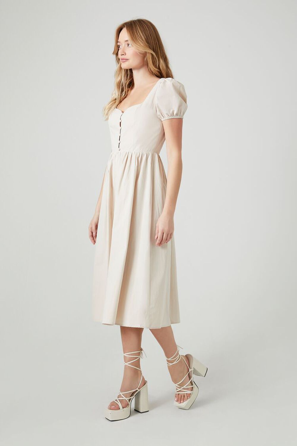 Puff-Sleeve A-Line Midi OATMEAL