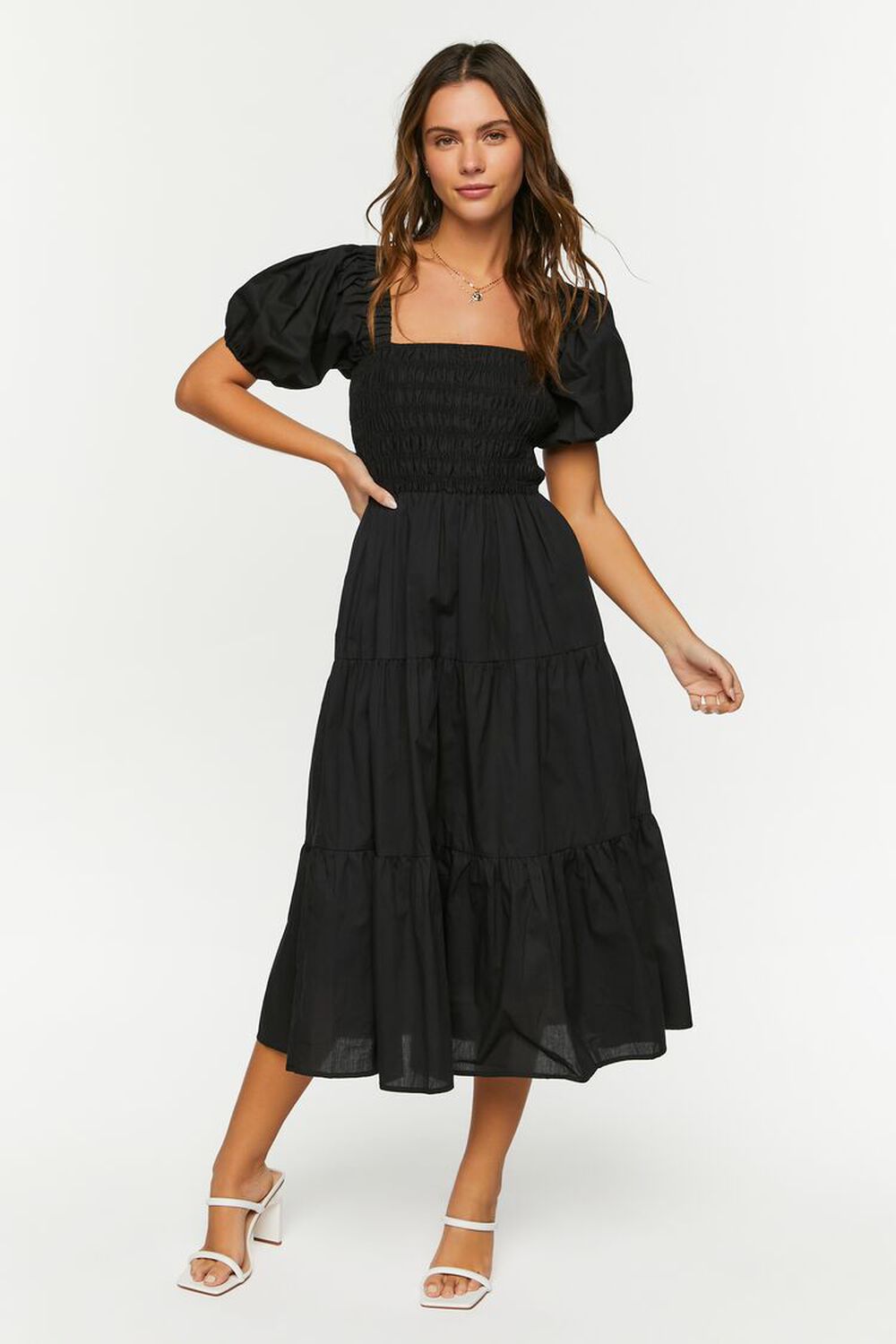 Smocked Puff-Sleeve Black Dress