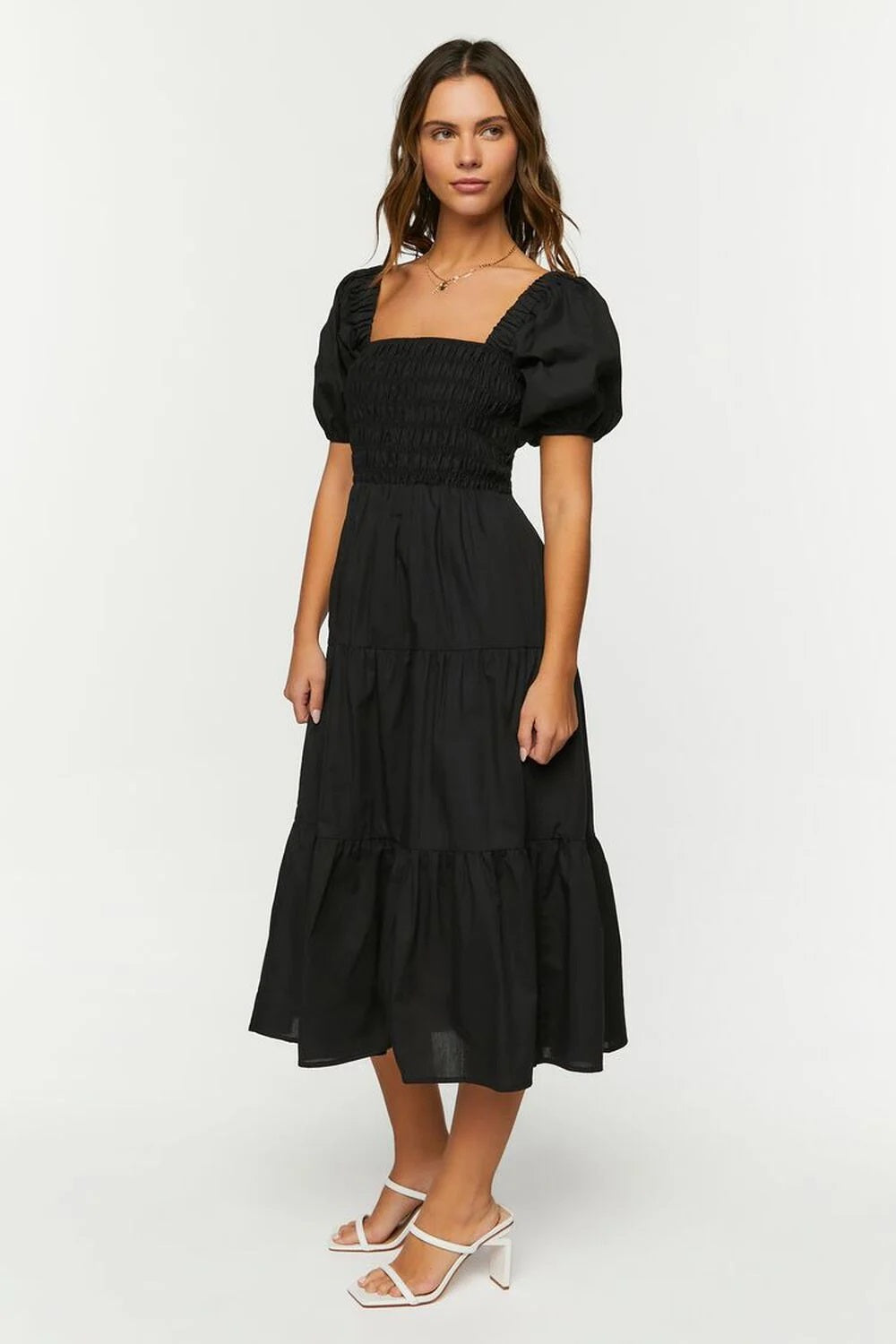 Smocked Puff-Sleeve Black Dress