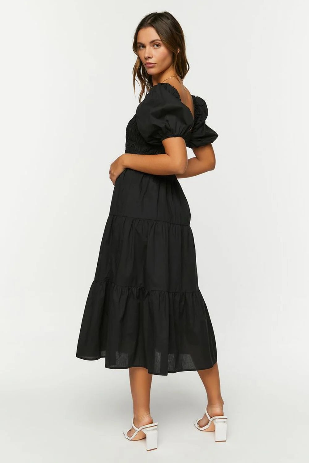Smocked Puff-Sleeve Black Dress
