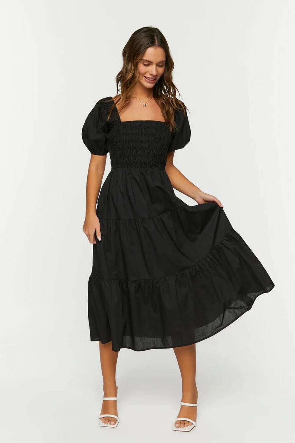 Smocked Puff-Sleeve Black Dress