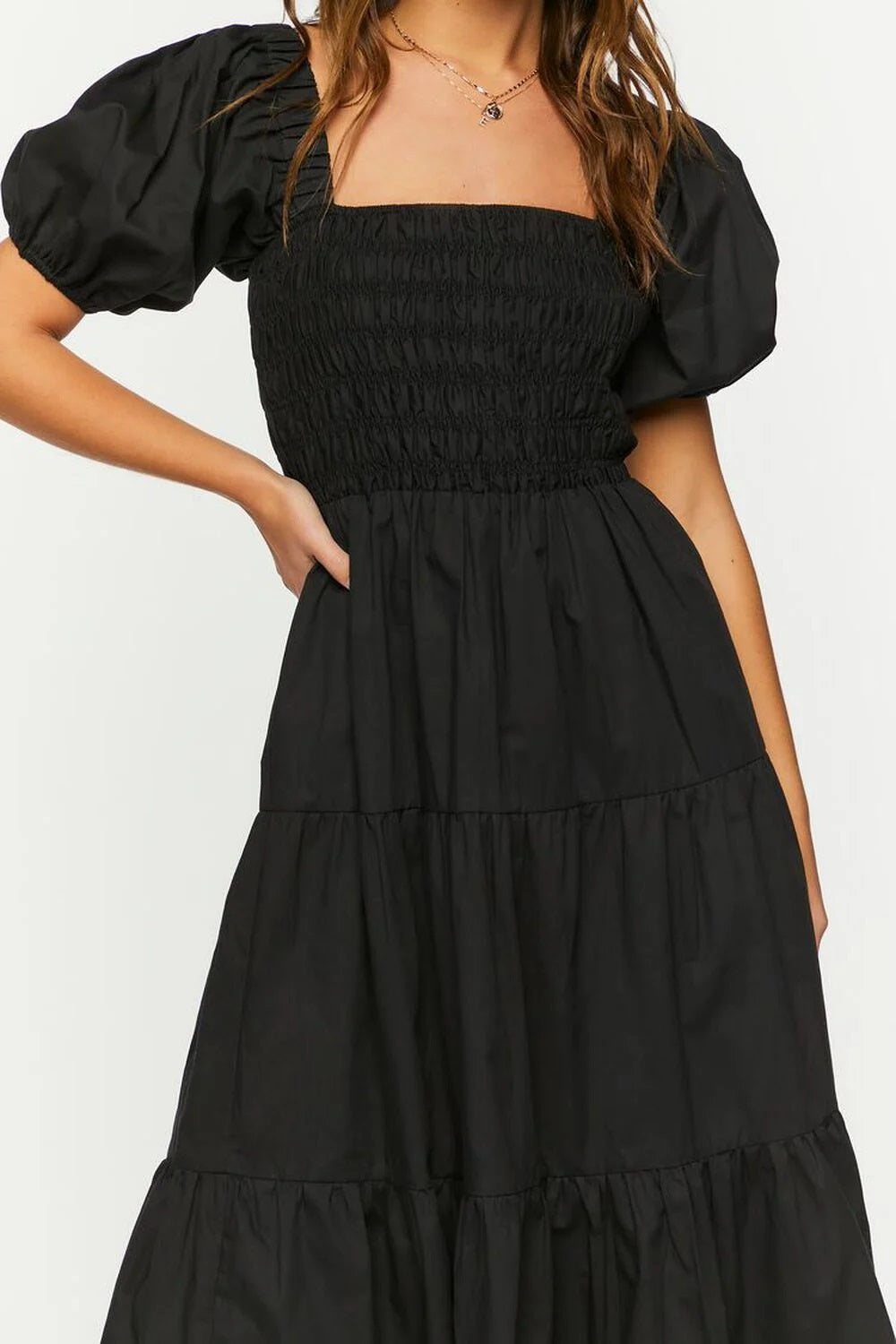 Smocked Puff-Sleeve Black Dress