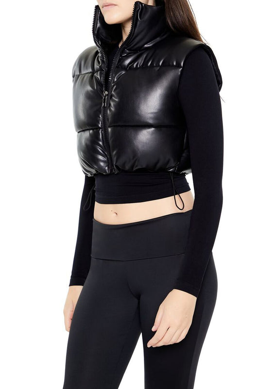 Quilted Faux Leather Cropped Vest Black