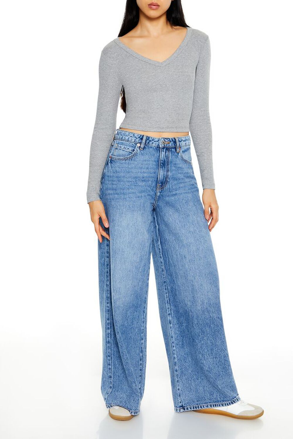 Forever21 Cropped Long-Sleeve Top Heather Grey