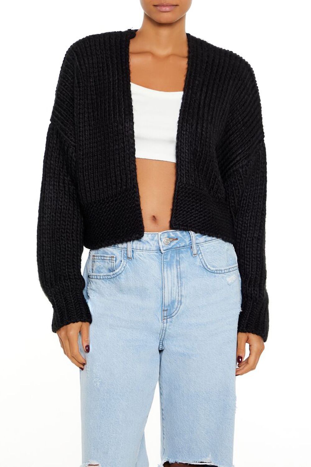 Ribbed Open-Front Cardigan Sweater Black