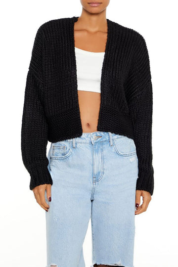 Ribbed Open-Front Cardigan Sweater Black