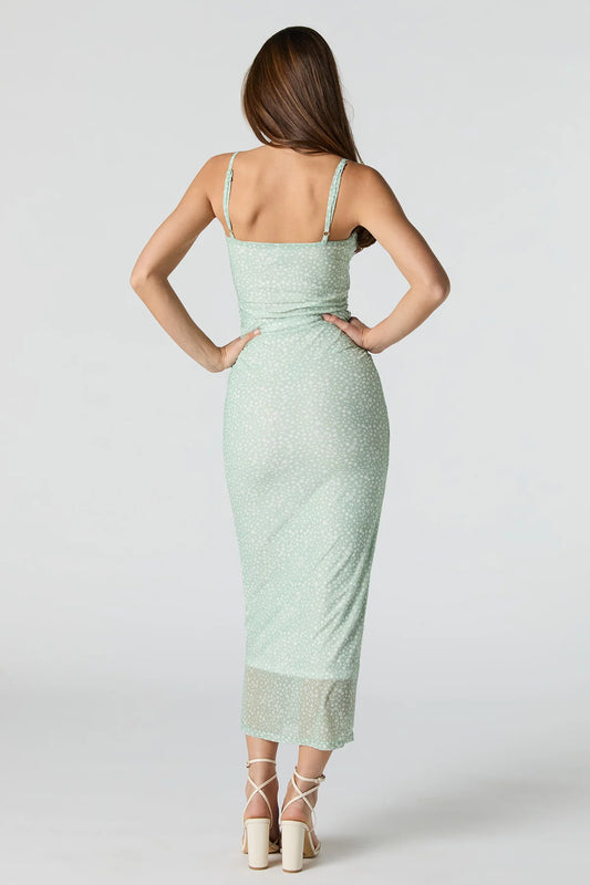Floral Mesh Bustier Midi Dress 