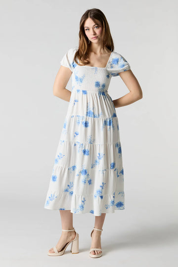 Smocked Tiered Short Sleeve Midi Dress