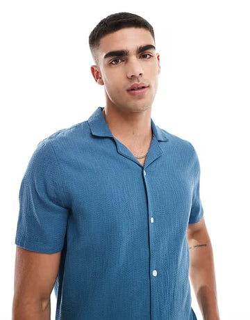 Short-Sleeve Textured Cotton Shirt Dark Teal