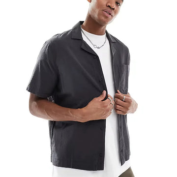 Short-Sleeve Textured Cotton Shirt Black