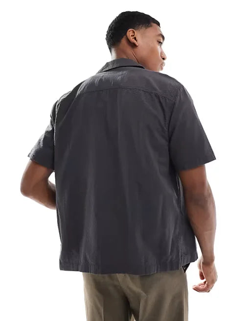 Short-Sleeve Textured Cotton Shirt Black