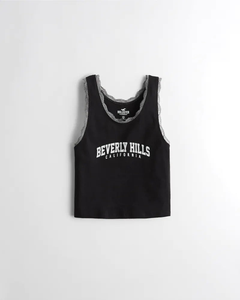 LACE TRIM PRINT GRAPHIC Black