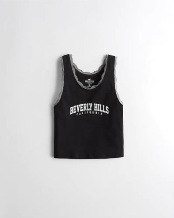 LACE TRIM PRINT GRAPHIC Black