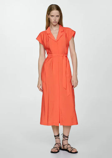 Textured Shirt Dress with Bow Coral Red