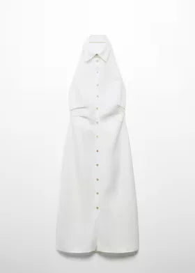 Linen Shirt-collar Dress Off White