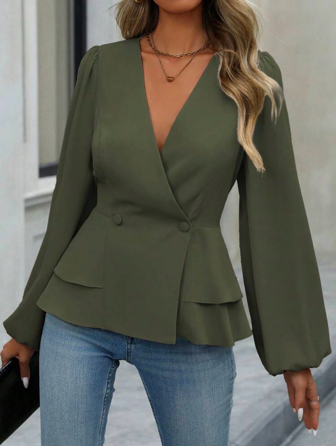 SHEIN Double-Breasted Ruffle Army Green