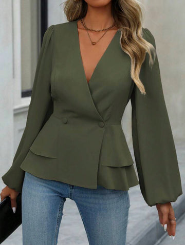 SHEIN Double-Breasted Ruffle Army Green