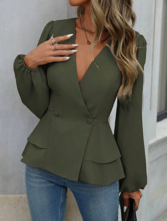 SHEIN Double-Breasted Ruffle Army Green
