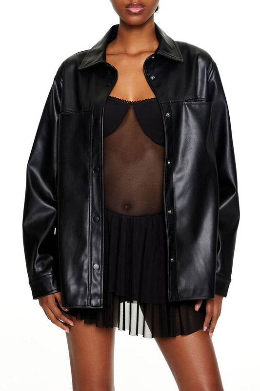 Faux Leather Shacket Black