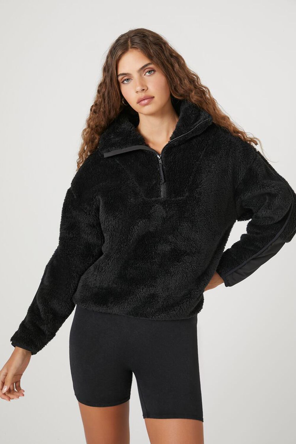 Faux Shearling Half-Zip Pullover Black