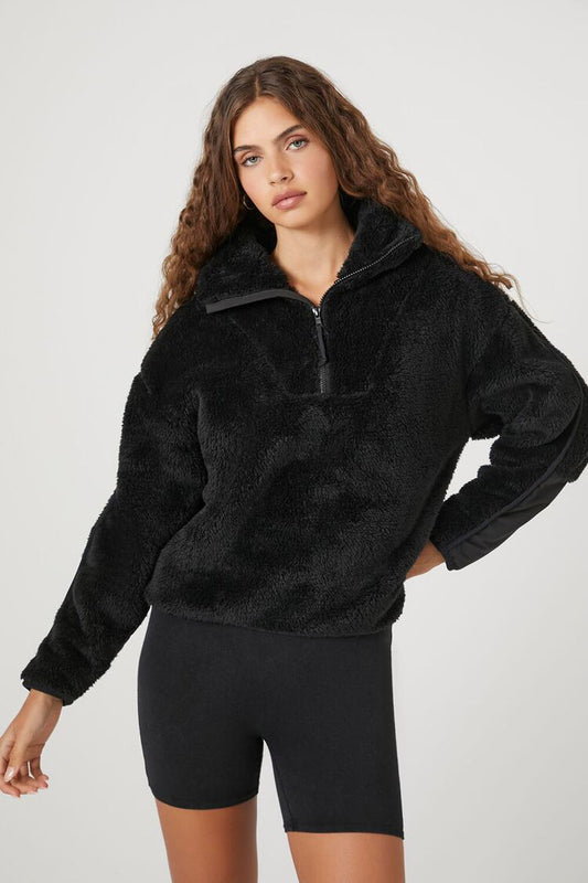 Faux Shearling Half-Zip Pullover Black