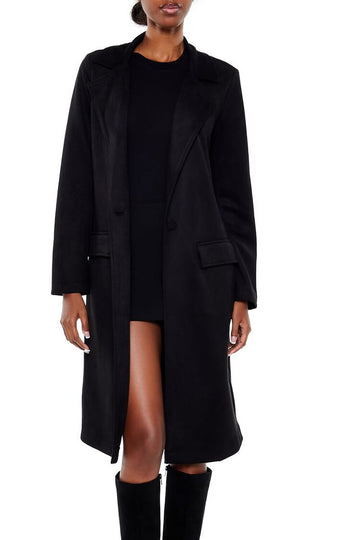 Faux Suede Longline Trench Coat Black