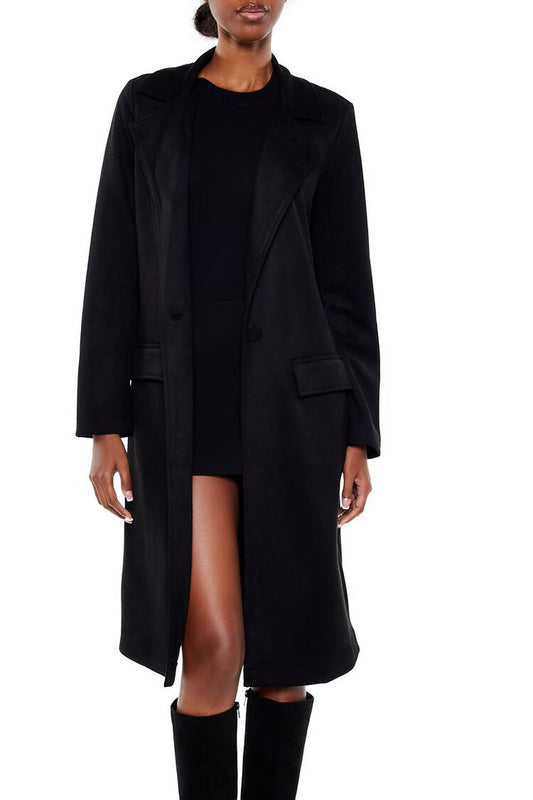 Faux Suede Longline Trench Coat Black