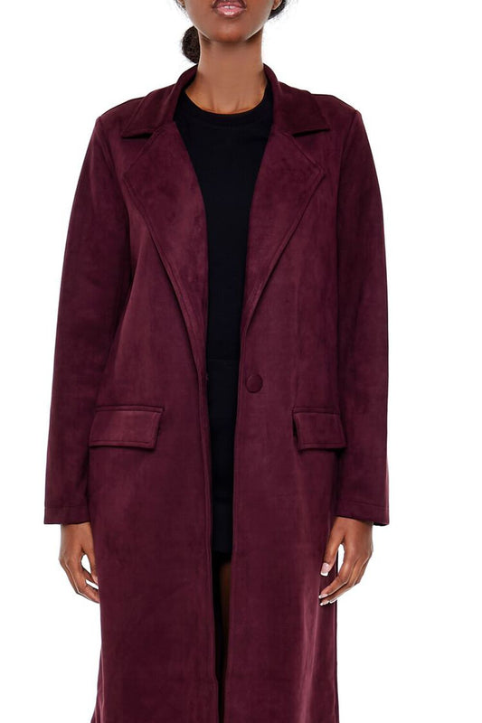 Faux Suede Longline Trench Coat Merlot