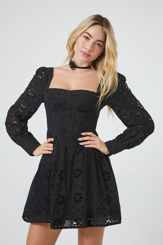 Floral Eyelet Bustier Mini Black