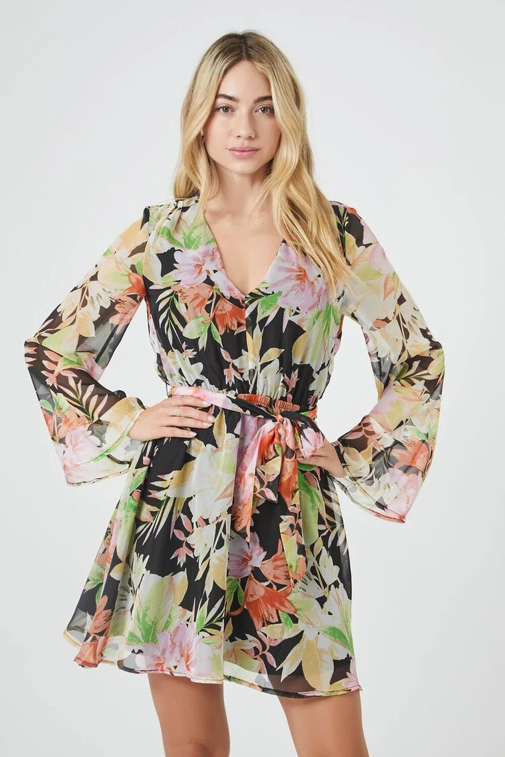 Floral Print Bell-Sleeve Mini Dress