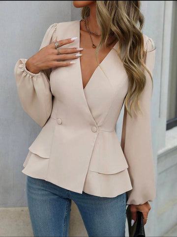 SHEIN Double-Breasted Ruffle Khaki