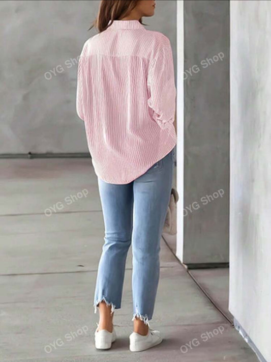SHEIN Printed Stripe Knitted Cardigan Blouse Pink
