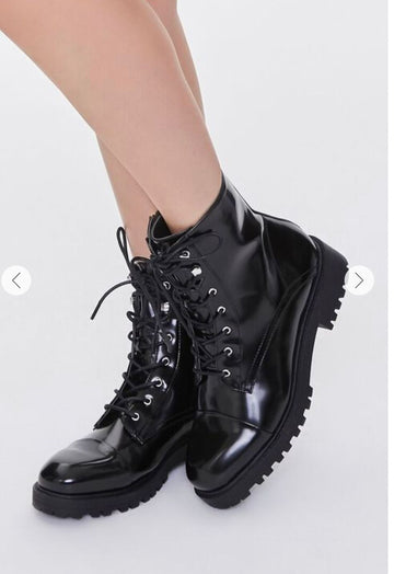 Faux Leather Combat Boots Black