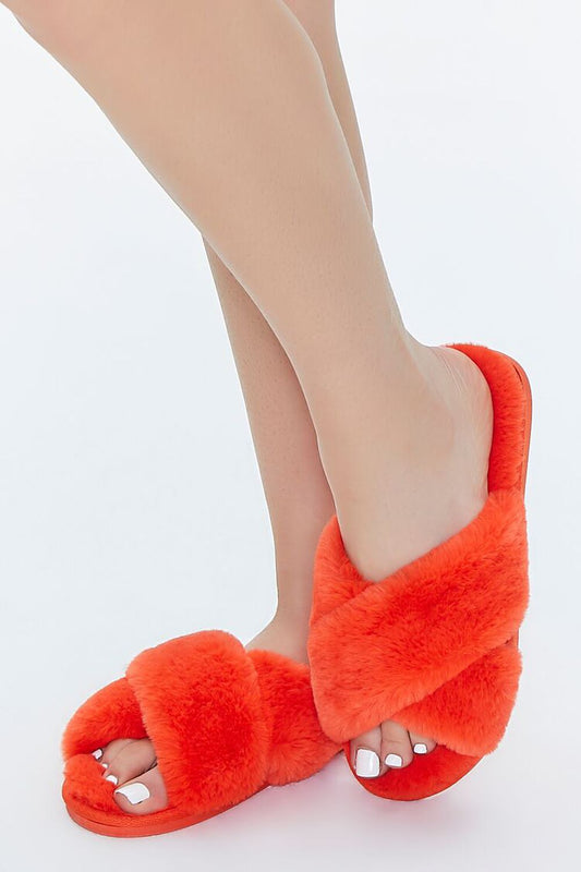 Plush Open-Toe Crisscross Slippers