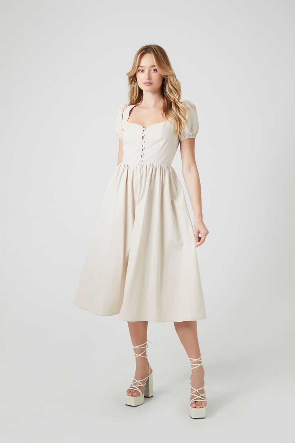 Puff-Sleeve A-Line Midi OATMEAL