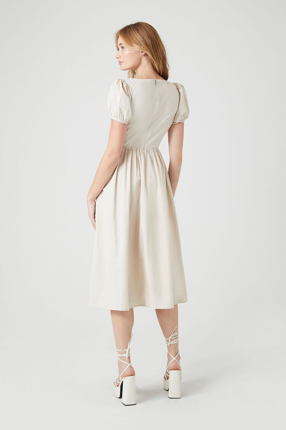 Puff-Sleeve A-Line Midi OATMEAL