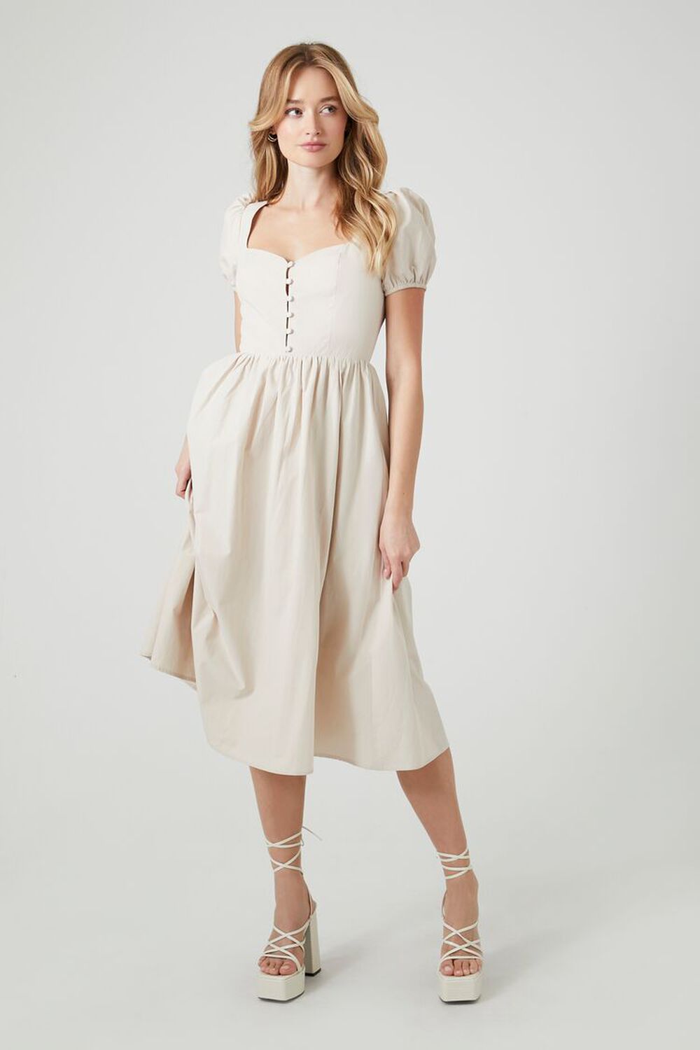 Puff-Sleeve A-Line Midi OATMEAL