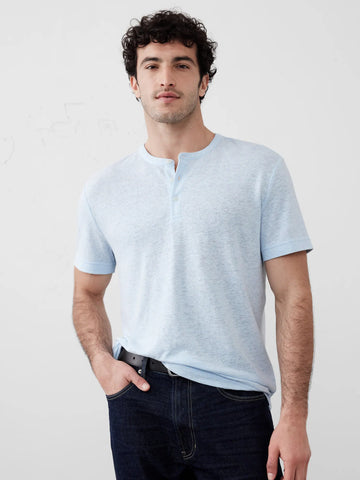 Banana Republic Linen-Blend Henley Blue Ravine