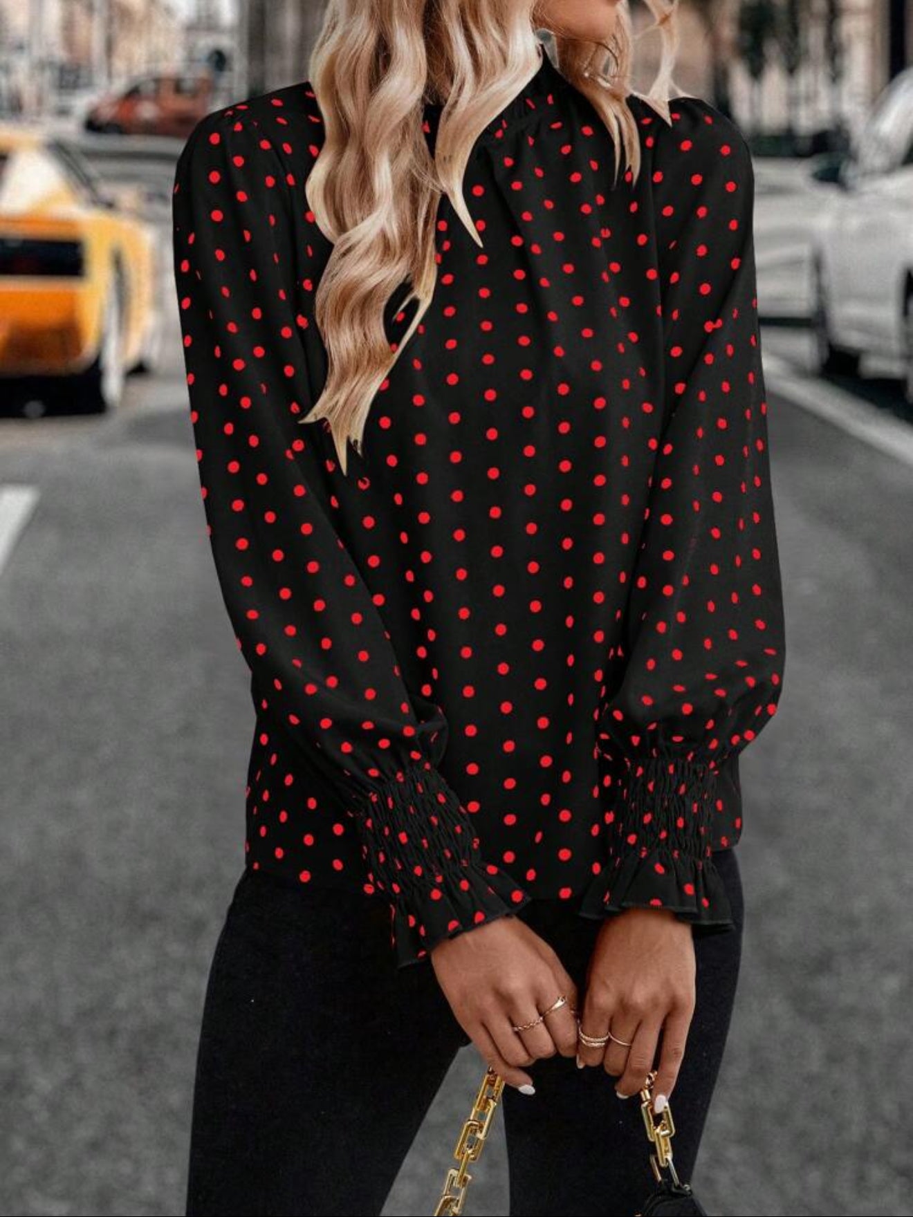 SHEIN LUNE Polka Dot Print Mock Neck Lantern Sleeve Blouse, Long Sleeve Tops