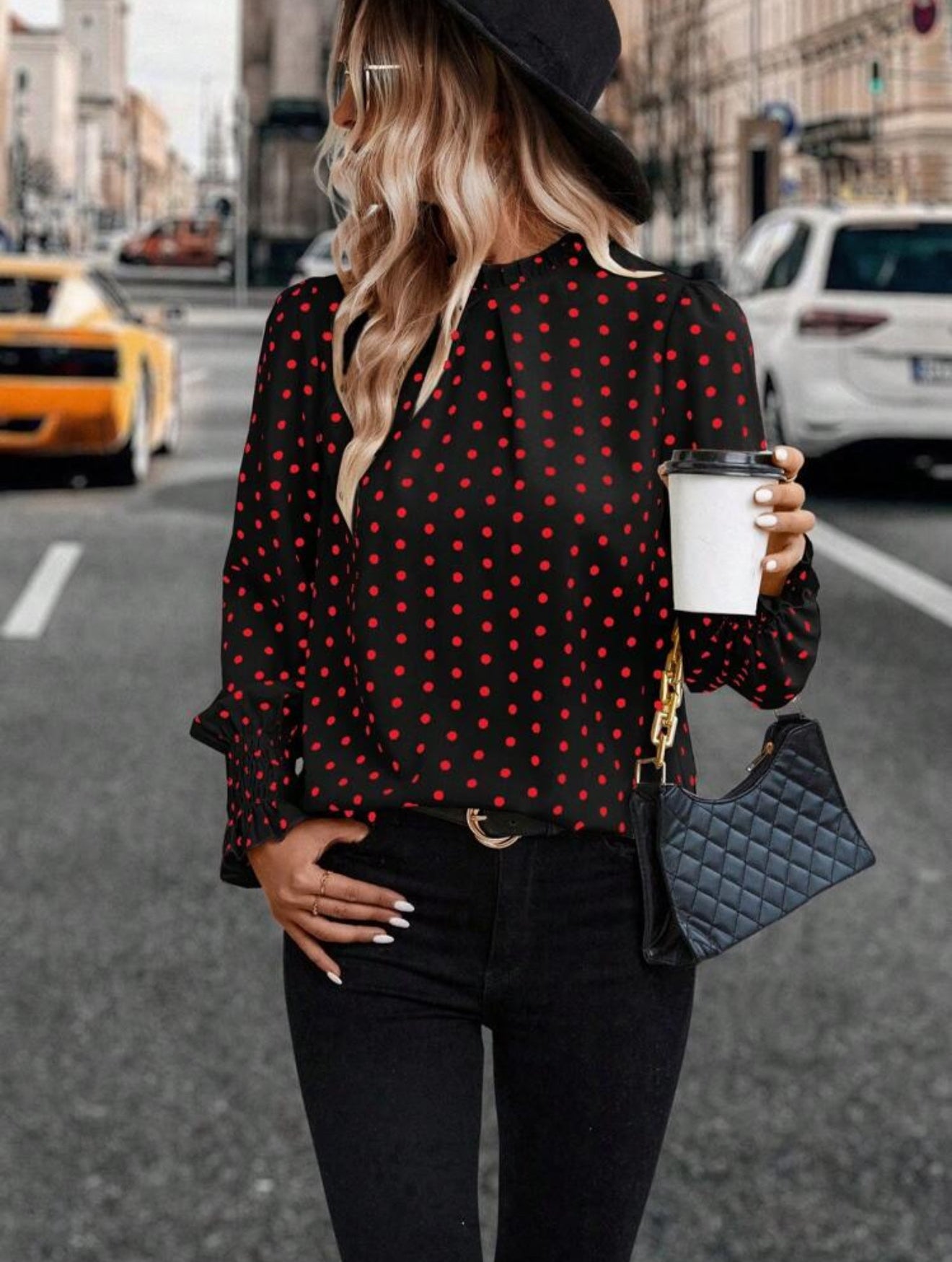 SHEIN LUNE Polka Dot Print Mock Neck Lantern Sleeve Blouse, Long Sleeve Tops