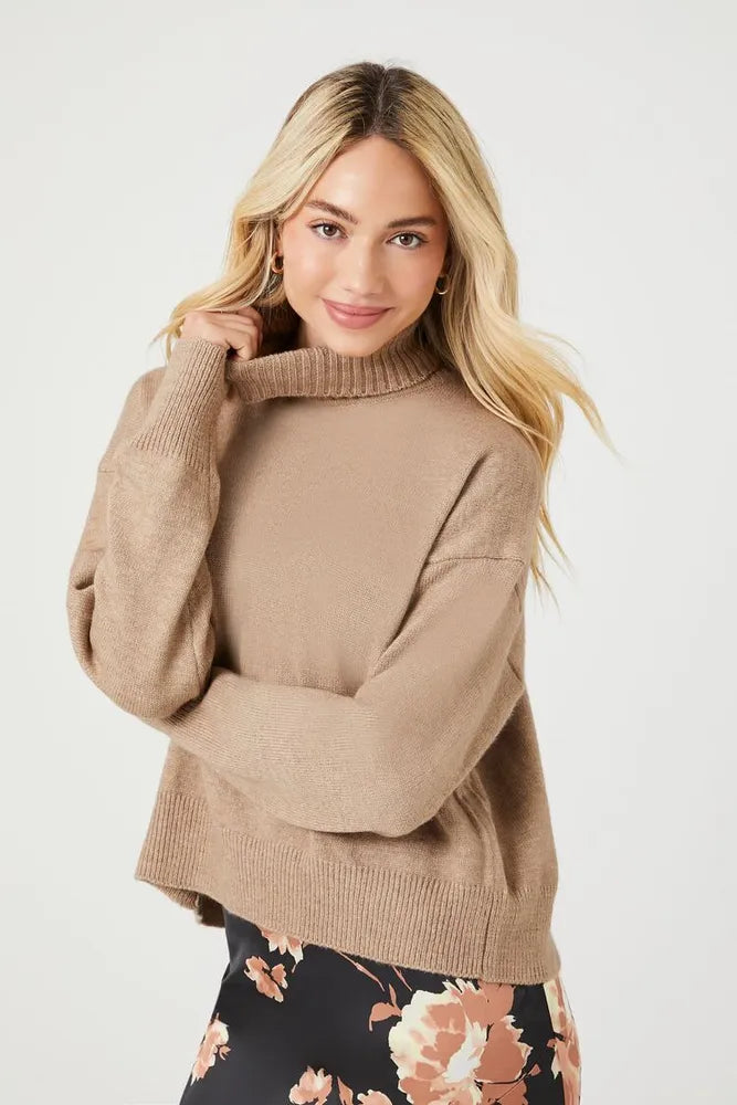 Turtleneck Split-Hem Sweater Brown