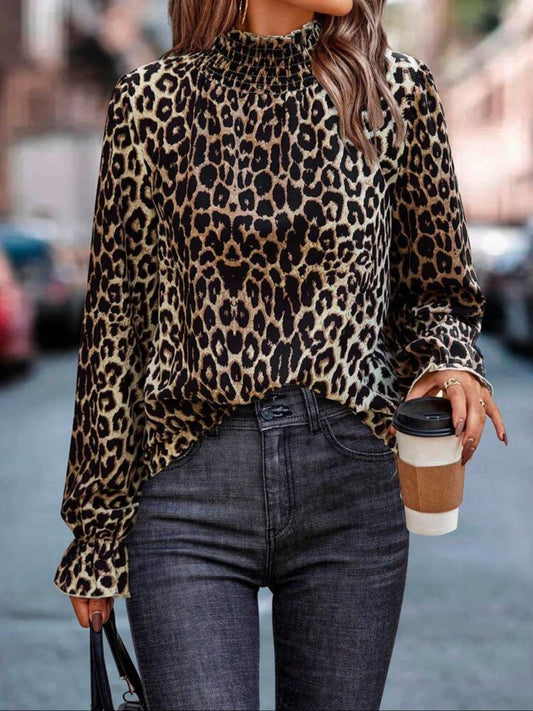 SHEIN Clasi Casual Leopard Print Standing Collar Shirt, Autumn