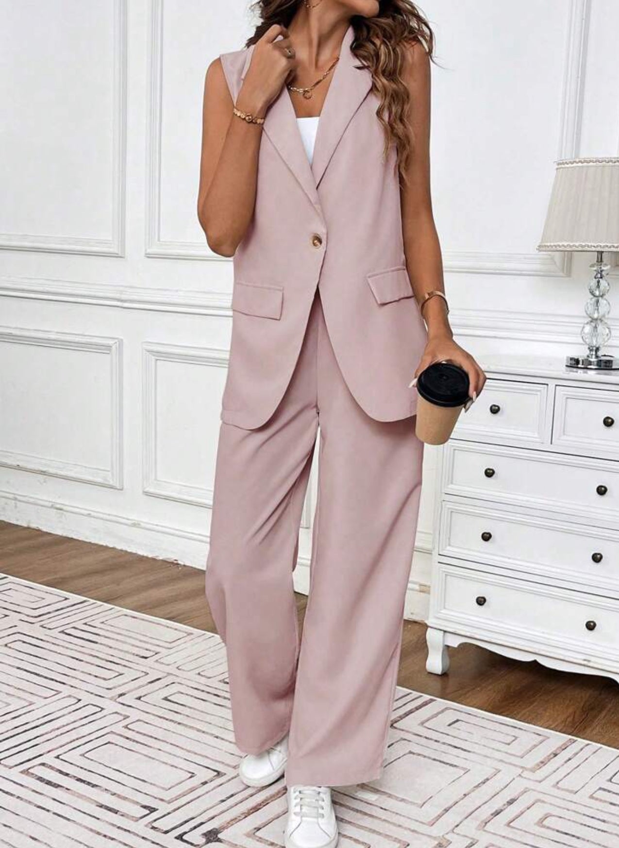 Women's Summer Casual Solid Color Vest And Long Pants Suit