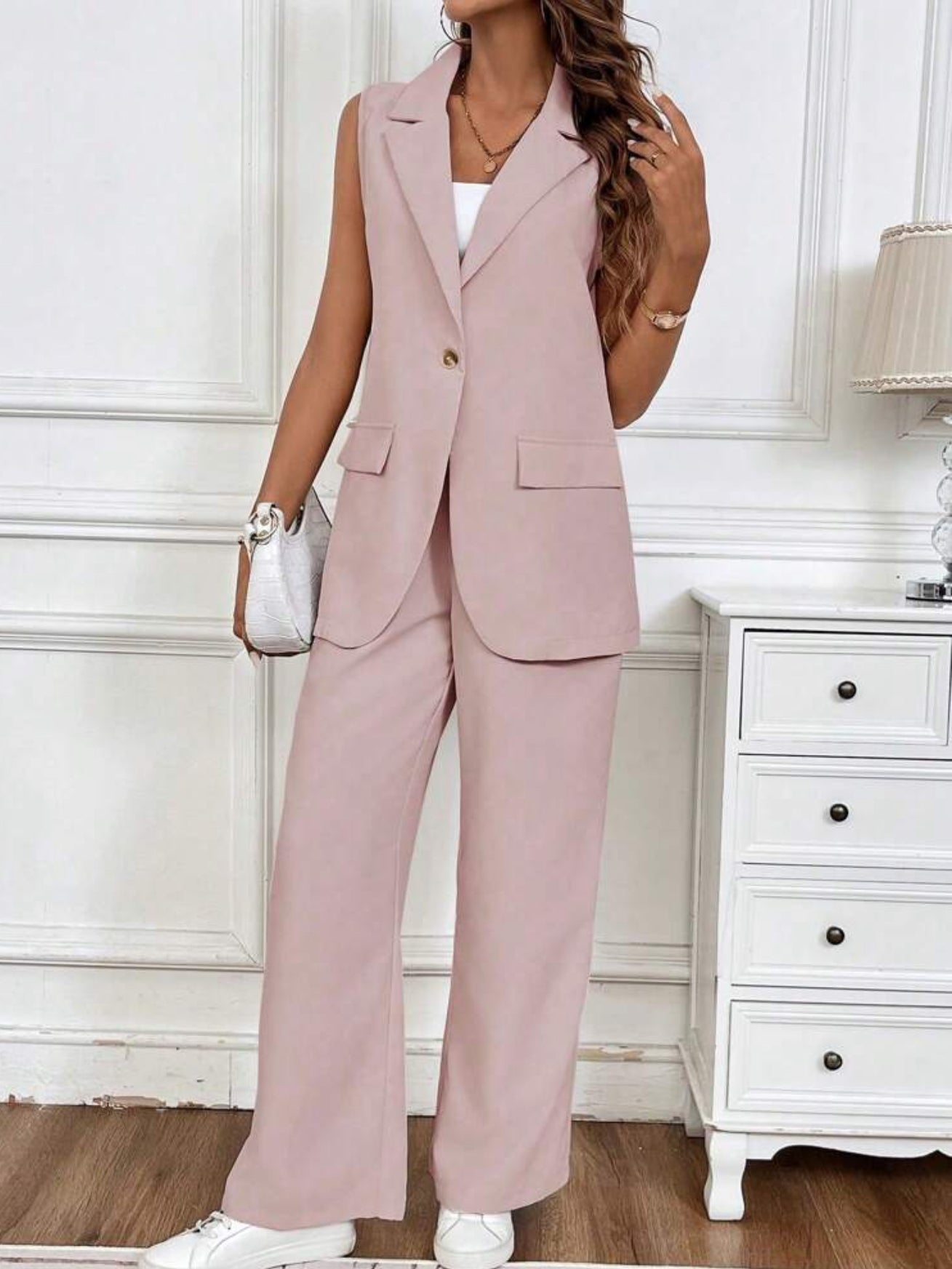 Women's Summer Casual Solid Color Vest And Long Pants Suit