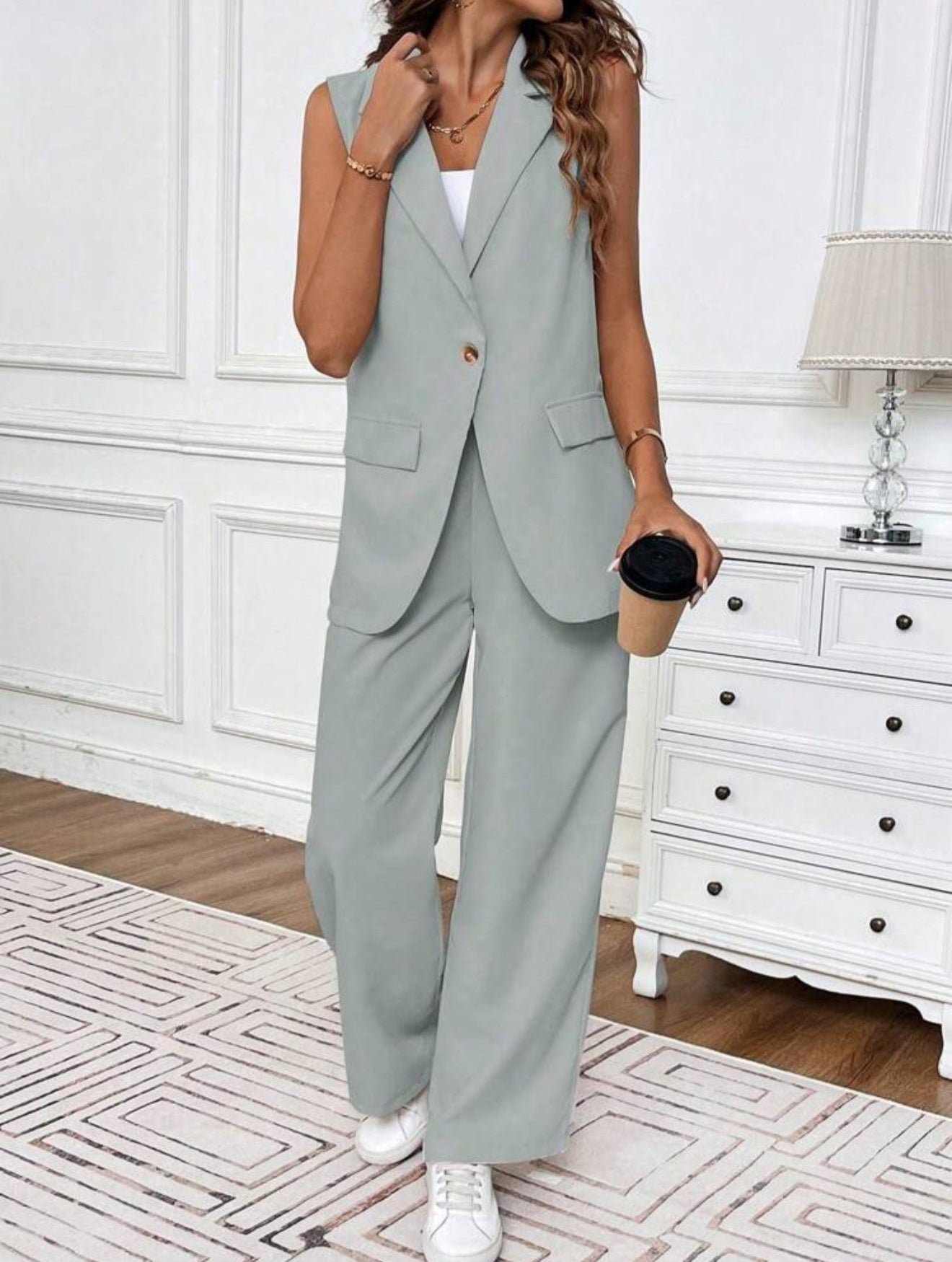 Women's Summer Casual Solid Color Vest And Long Pants Suit