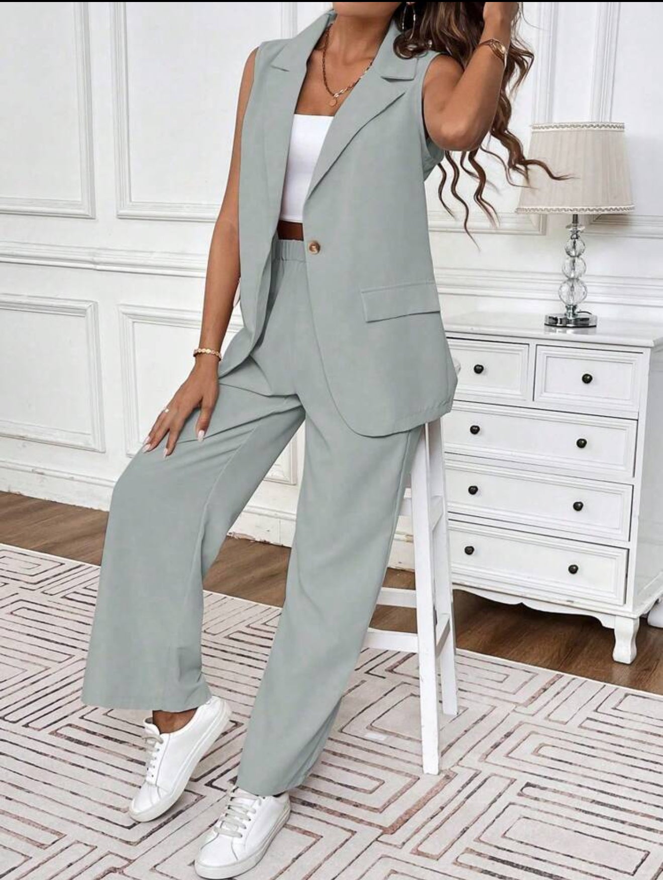 Women's Summer Casual Solid Color Vest And Long Pants Suit