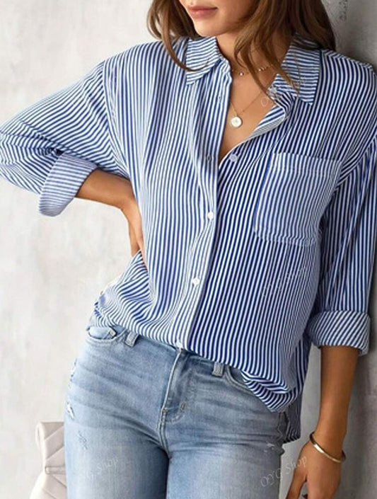 SHEIN Printed Stripe Knitted Cardigan Blouse Blue