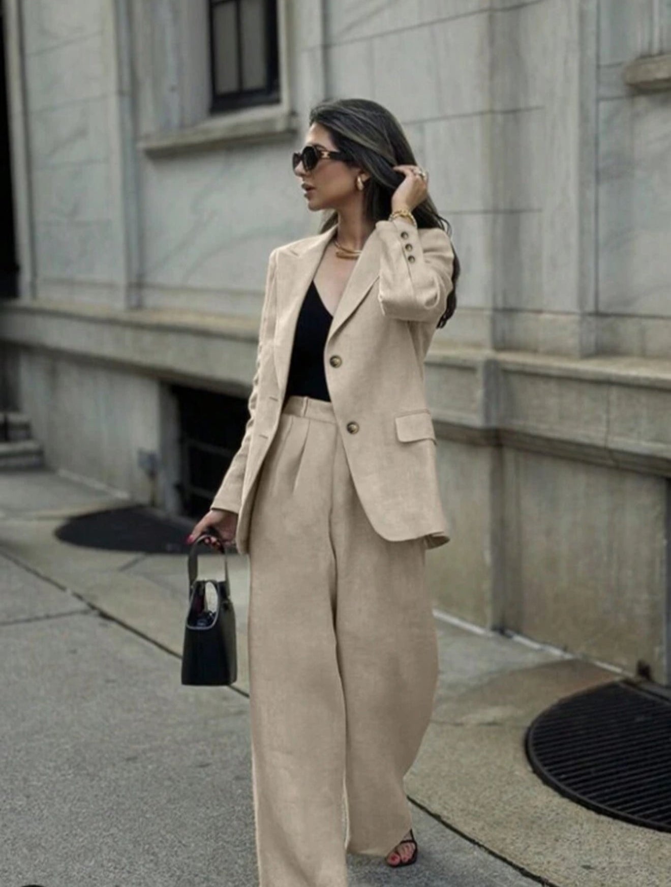 Women's Solid Color Front Button Closure Long Sleeve Blazer Jacket And Pants Elegant Suit Set